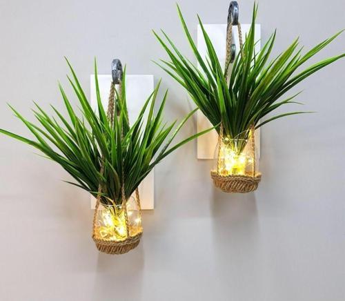 Duvar Dekoru, Led Işıklı, Yeşil Çimen Bitki, Beyaz Aplik İkili Set