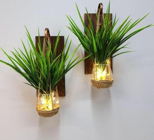 Duvar Dekoru, Led Işıklı, Yeşil Çimen Bitki, Ceviz Aplik İkili Set