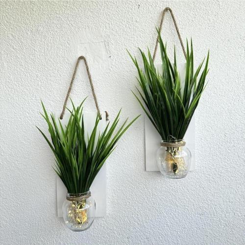 Led Işıklı, Yeşil Sazlık Çiçekli Duvar Dekoru Beyaz İkili Set