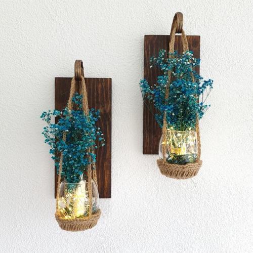 Duvar Dekoru 2 Li Set, Led Işıklı, Mavi Cipso Çiçekli, Ceviz Aplik, Balkon Hol Ev Hediyesi