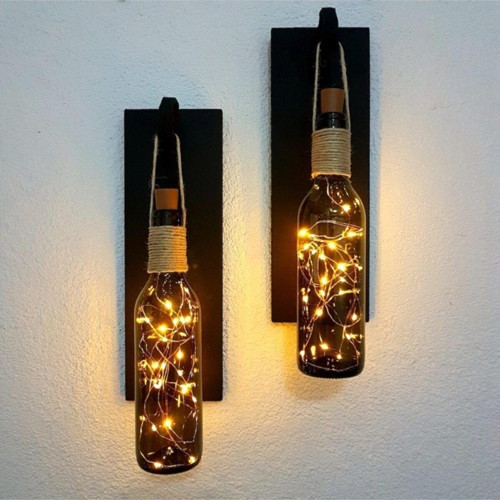 Retro Yeşil Şişeli Led Işıklı, Mat Siyah Aplik 2Li Set