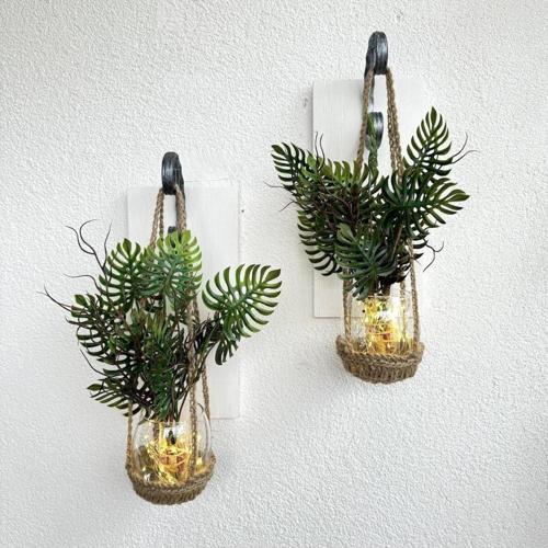 Duvar Dekoru Led Işıklı Mastana Bitki Çiçekli, Beyaz Aplik İkili Set