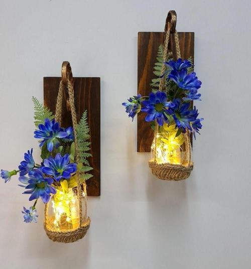 Duvar Dekoru Led Işıklı Mavi Biçme Çiçekli Ceviz Aplik İkili Set