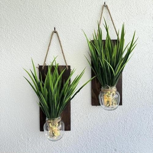 Led Işıklı Yeşil Sazlık Çiçekli Duvar Dekoru Ceviz İkili Set