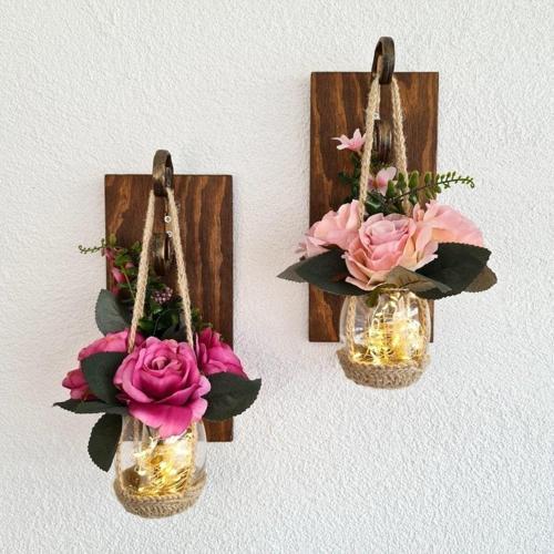 Duvar Dekoru Led Işıklı Pudra Pembe Ve Fuşya Gül Çiçekli Aplik, Ceviz Ikili Set