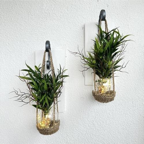 Duvar Dekoru Led Işıklı Yeşil Bitki Çiçekli Beyaz Aplik İkili Set