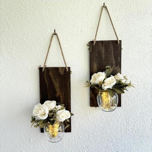 Led Işıklı, Beyaz Gül Çiçekli Duvar Dekoru Ceviz İkili Set