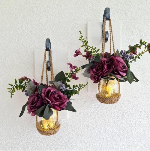 Duvar Dekoru, Led Işıklı Mor Gül Çiçekli, Led Işıklı, Beyaz Aplik Ikili Set