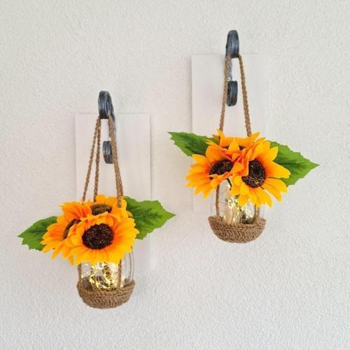 Duvar Dekoru, Led Işıklı, Ayçiçekli, Beyaz Aplik Ikili Set