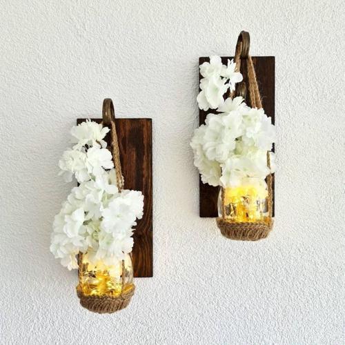 Duvar Dekoru, Led Işıklı, Beyaz Bahar Dalı Çiçekli, Ceviz Aplik Ikili Set