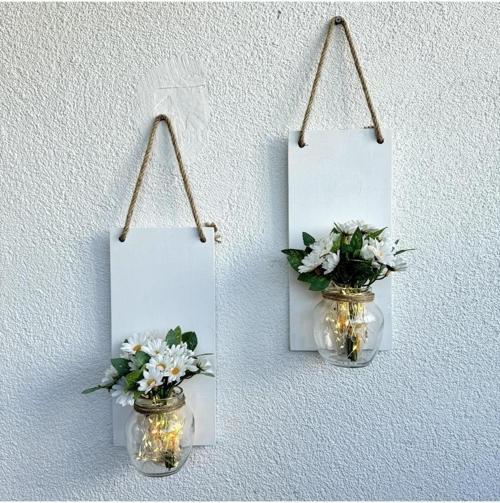 Led Işıklı, Beyaz Papatya Çiçekli Duvar Dekoru Beyaz İkili Set
