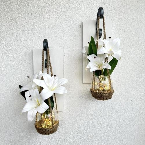 Duvar Dekoru, Led Işıklı, Beyaz Lilyum Çiçekli, Beyaz Aplik I?Kili Set