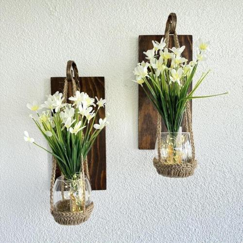 Duvar Dekoru, Led Işıklı, Beyaz Nergis Çiçekli, Ceviz Aplik İkili Set