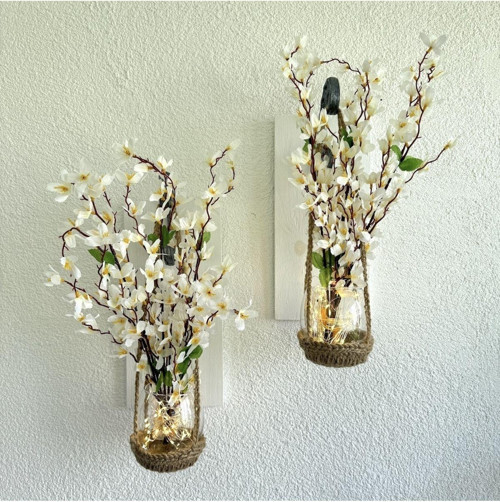 Duvar Dekoru, Led Işıklı, Beyaz Sakura Çiçekli, Beyaz Aplik İkili Set