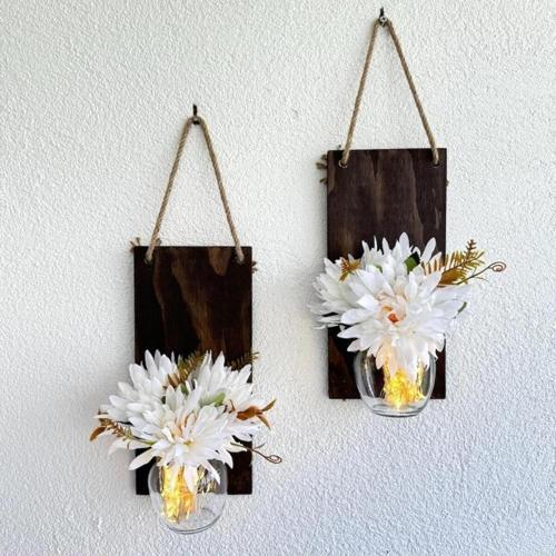 Led Işıklı, Beyaz Yıldız Çiçekli Duvar Dekoru Ceviz İkili Set