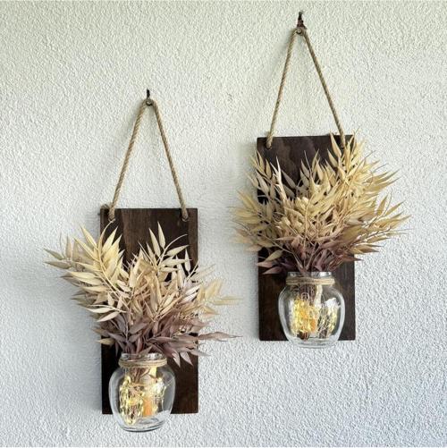 Led Işıklı, Kahve Kuşkonmaz Çiçekli Duvar Dekoru Ceviz İkili Set