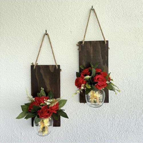 Led Işıklı, Kırmızı Gül Çiçekli Duvar Dekoru Ceviz İkili Set