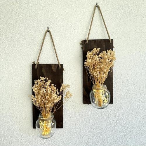 Led Işıklı, Krem Cipso Çiçekli Duvar Dekoru Ceviz İkili Set