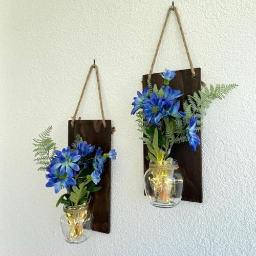 Led Işıklı, Mavi Biçme Çiçekli Duvar Dekoru Ceviz İkili Set