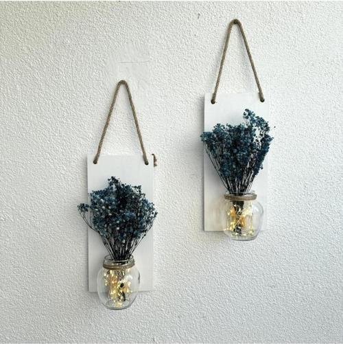 Led Işıklı, Mavi Cipso Çiçekli Duvar Dekoru Beyaz İkili Set