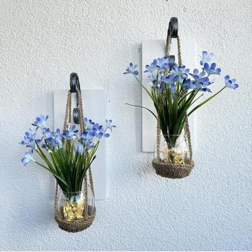 Duvar Dekoru, Led Işıklı, Mavi Nergis Çiçekli, Beyaz Aplik İkili Set