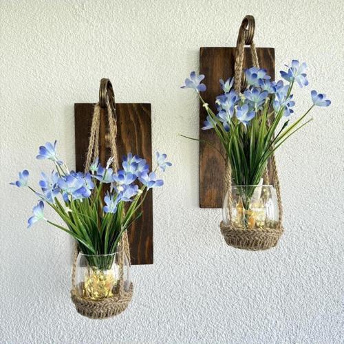 Duvar Dekoru, Led Işıklı, Mavi Nergis Çiçekli, Ceviz Aplik İkili Set