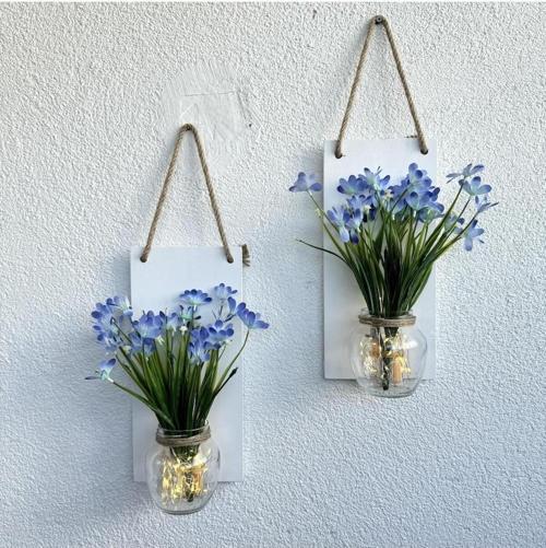 Led Işıklı, Mavi Nergis Çiçekli Duvar Dekoru Beyaz İkili Set