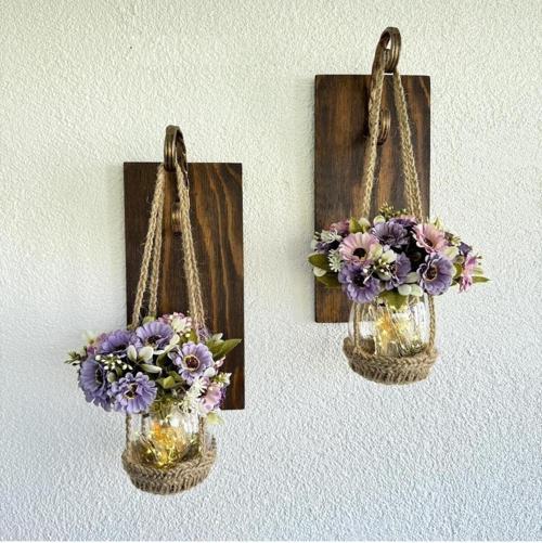 Duvar Dekoru, Led Işıklı, Pastel Lila Papatya Çiçekli, Ceviz Aplik İkili Set