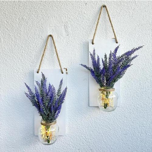 Led Işıklı, Mor Lavanta Çiçekli Duvar Dekoru Beyaz İkili Set