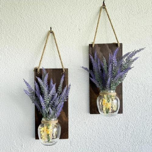 Led Işıklı, Mor Lavanta Çiçekli Duvar Dekoru Ceviz İkili Set