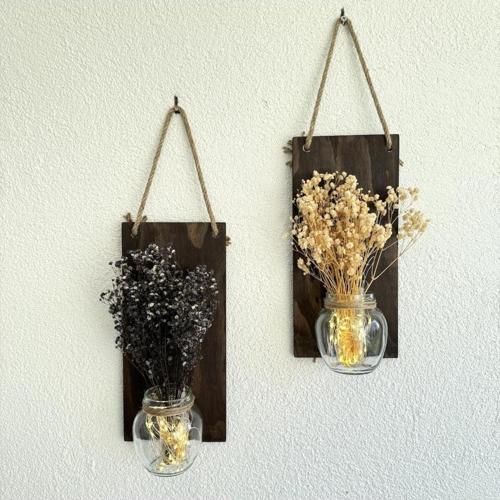 Led Işıklı, Mor Ve Krem Cipso Çiçekli Duvar Dekoru Ceviz İkili Set