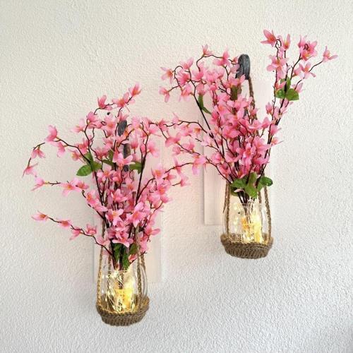Duvar Dekoru, Led Işıklı, Pembe Sakura Çiçekli, Beyaz Aplik Ikili Set