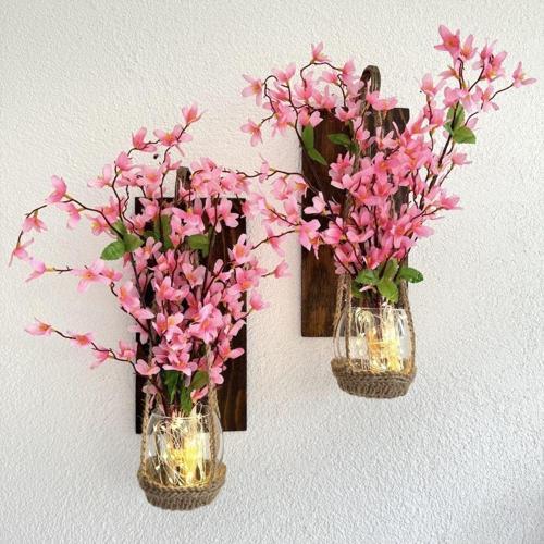 Duvar Dekoru, Led Işıklı, Pembe Sakura Çiçekli, Ceviz Aplik Ikili Set