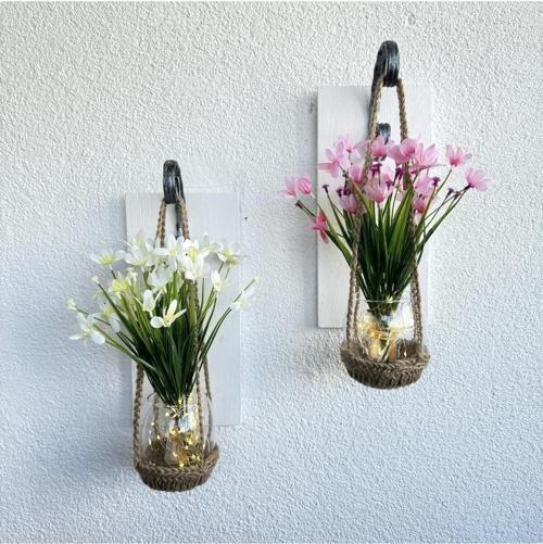 Duvar Dekoru, Led Işıklı, Pembe Ve Beyaz Nergis Çiçekli, Beyaz Aplik İkili Set