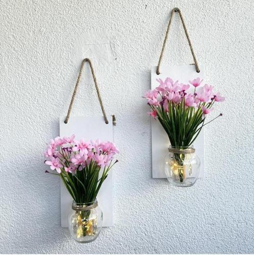 Led Işıklı, Pembe Nergis Çiçekli Duvar Dekoru Beyaz İkili Set