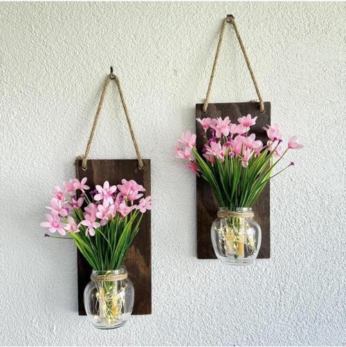 Led Işıklı, Pembe Nergis Çiçekli Duvar Dekoru Ceviz İkili Set