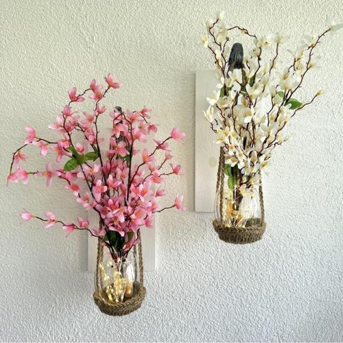 Duvar Dekoru, Led Işıklı, Pembe Ve Beyaz Sakura Çiçekli, Beyaz Aplik İkili Set