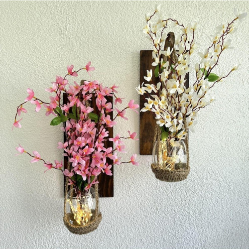 Duvar Dekoru, Led Işıklı, Pembe Ve Beyaz Sakura Çiçekli, Ceviz Aplik İkili Set