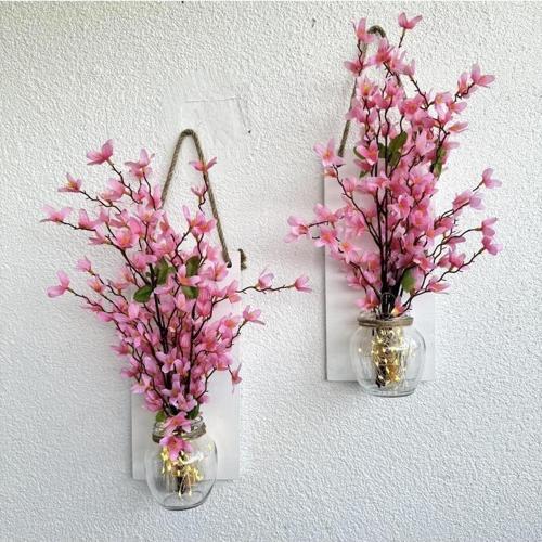 Led Işıklı, Pembe Sakura Çiçekli Duvar Dekoru Beyaz İkili Set