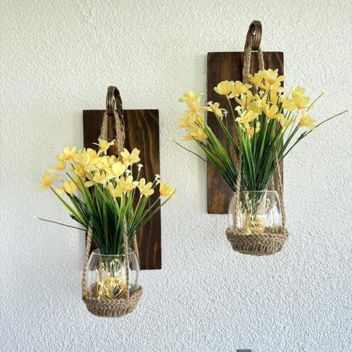 Duvar Dekoru, Led Işıklı, Sarı Nergis Çiçekli, Ceviz Aplik İkili Set