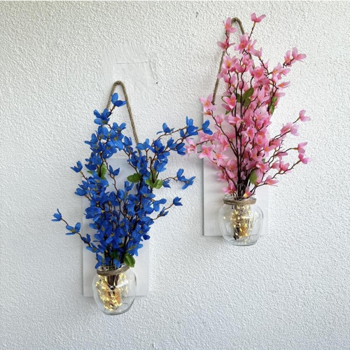 Led Işıklı, Pembe Ve Mavi Sakura Çiçekli Duvar Dekoru Beyaz İkili Set