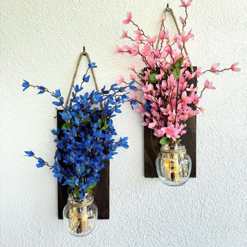 Led Işıklı, Pembe Ve Mavi Sakura Çiçekli Duvar Dekoru Ceviz İkili Set