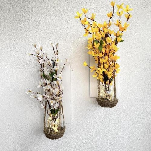 Duvar Dekoru, Led Işıklı, Sarı Ve Beyaz Sakura Çiçekli, Beyaz Aplik İkili Set