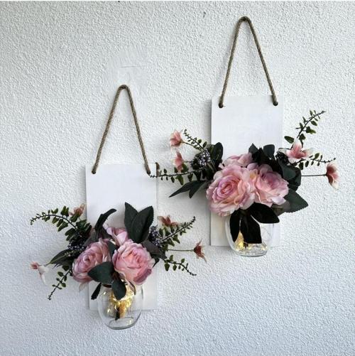 Led Işıklı, Pudra Pembe Gül Çiçekli Duvar Dekoru Beyaz İkili Set