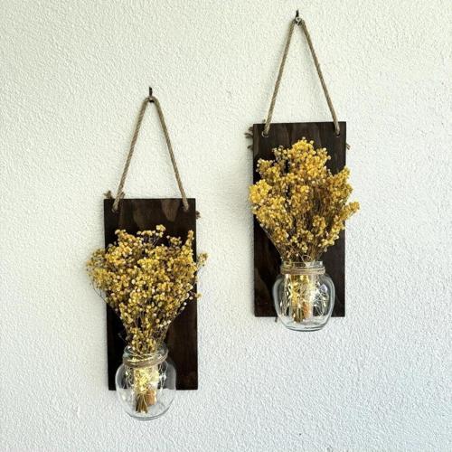 Led Işıklı, Sarı Cipso Çiçekli Duvar Dekoru Ceviz İkili Set