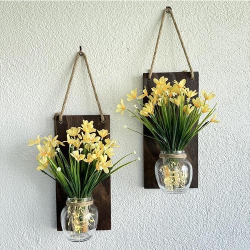 Led Işıklı, Sarı Nergis Çiçekli Duvar Dekoru Ceviz İkili Set