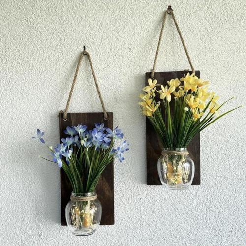 Led Işıklı, Sarı Ve Mavi Nergis Çiçekli Duvar Dekoru Ceviz İkili Set