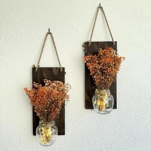 Led Işıklı, Turuncu Cipso Çiçekli Duvar Dekoru Ceviz İkili Set