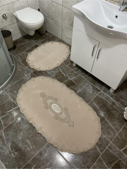 Oval Fransız Dantelli Aplikli Banyo Paspas Seti - 2Li Çeyizlik Set