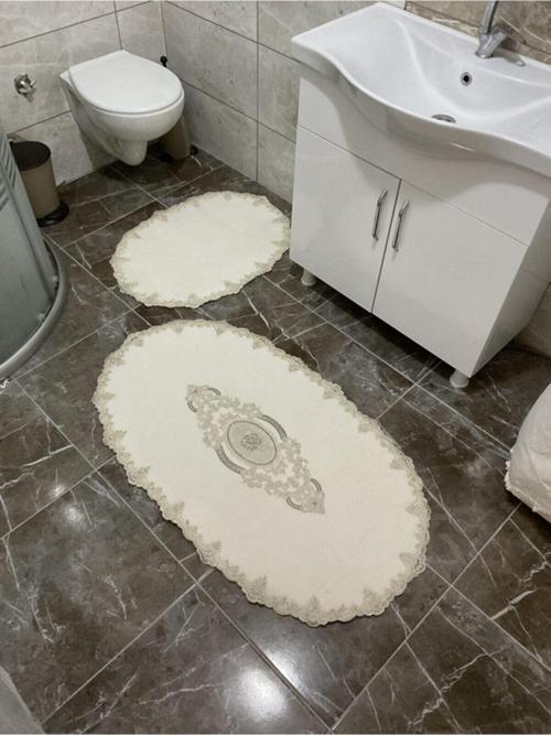 Oval Fransız Dantelli Aplikli Banyo Paspas Seti - 2Li Çeyizlik Set